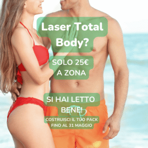 Coppia sorridente in costume da bagno che cammina sulla spiaggia, rappresenta l’ideale estetico post-epilazione laser total body. Immagine promozionale per campagna “Solo 25€ a zona” valida fino al 31 maggio nei centri EpilExpress di Firenze. Sfondo mare e cielo azzurro.