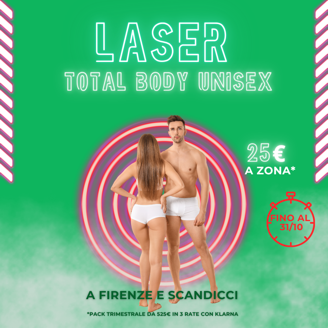Promozione epilazione laser total body unisex a Firenze e Scandicci – Uomo e donna in intimo davanti a sfondo verde con cerchi al neon, offerta a 25€ a zona valida fino al 31 ottobre, pagamento anche con Klarna
