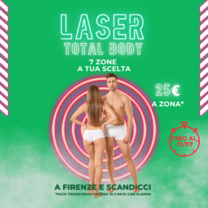Promozione epilazione laser total body unisex a Firenze e Scandicci – Uomo e donna in intimo davanti a sfondo verde con cerchi al neon, offerta a 25€ a zona valida fino al 31 luglio, pagamento anche con Klarna