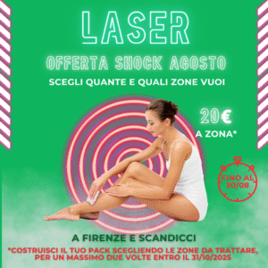 Donna in costume bianco seduta su sfondo verde con grafica laser e cerchi concentrici, promozione epilazione laser agosto EpilExpress: scegli quante e quali zone vuoi a 20€ l’una, acquistabile fino al 30 agosto e utilizzabile fino al 31 ottobre 2025 nei centri di Firenze e Scandicci.