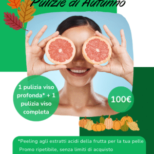 Donna sorridente con due metà di pompelmo davanti agli occhi. Grafica promozionale “Pulizie di Autunno” di EpilExpress: pacchetto con 1 pulizia viso profonda con peeling agli acidi della frutta e 1 pulizia viso completa, al prezzo speciale di 100€. Promo valida fino al 31/10/2025 nei centri di Firenze.