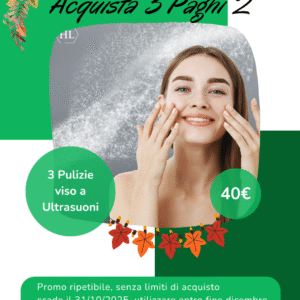 Donna sorridente che massaggia il viso su sfondo brillante, simbolo di pulizia profonda. Grafica promozionale EpilExpress: “Acquista 3, Paghi 2 – Pulizie viso a ultrasuoni” al prezzo di 40€, valida fino al 31 ottobre 2025.
