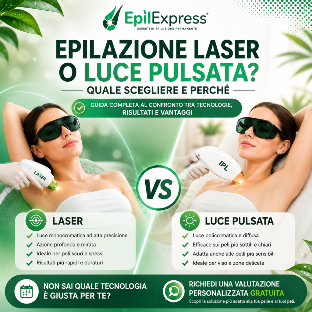 Donna durante un trattamento di epilazione laser e luce pulsata professionale. L'immagine confronta le due tecnologie evidenziando differenze, vantaggi e casi d'uso per una depilazione progressivamente permanente.