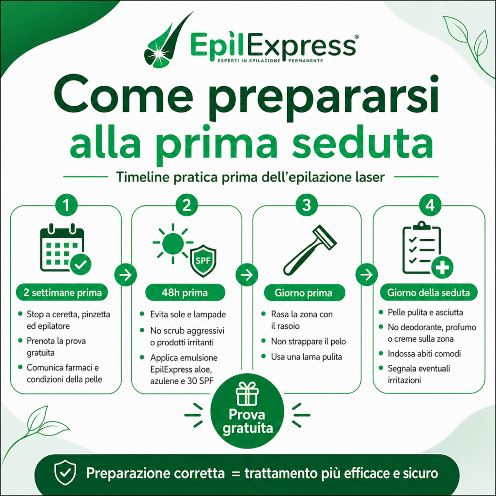 Infografica quadrata su come prepararsi alla prima seduta di epilazione laser, con timeline pratica: 2 settimane prima, 48h prima, giorno prima e giorno della seduta, inclusi stop a ceretta e sole, uso di emulsione EpilExpress aloe azulene SPF 30, rasatura e pelle pulita.