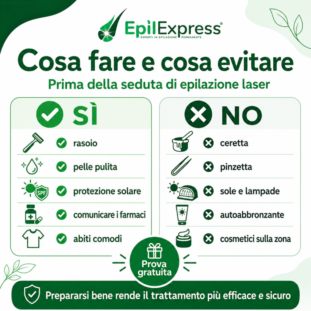 Infografica quadrata EpilExpress su cosa fare e cosa evitare prima della seduta di epilazione laser, con elenco sì e no: rasoio, pelle pulita, protezione solare, comunicare i farmaci e abiti comodi; evitare ceretta, pinzetta, sole e lampade, autoabbronzante e cosmetici sulla zona.