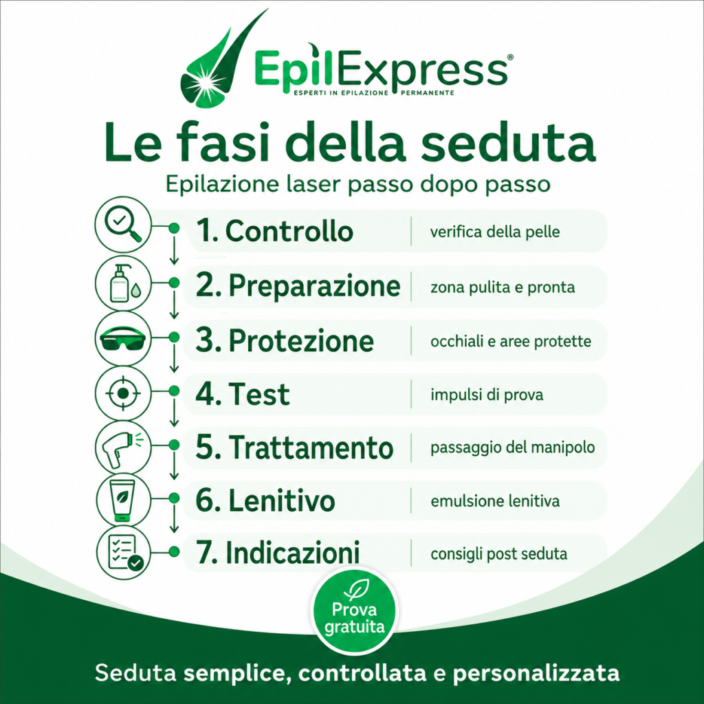 Infografica sulle fasi di una seduta di epilazione laser: controllo della pelle, preparazione, protezione, test, trattamento, applicazione del lenitivo e indicazioni post-seduta.