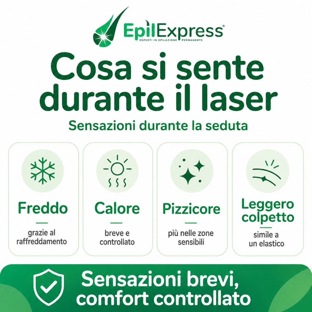 Infografica su cosa si sente durante una seduta di epilazione laser: freddo del sistema di raffreddamento, calore controllato, lieve pizzicore e leggero colpetto sulla pelle.