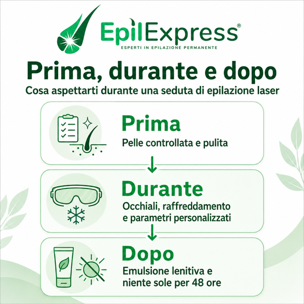 Infografica quadrata EpilExpress su cosa succede prima, durante e dopo una seduta di epilazione laser: pelle controllata e pulita, occhiali e raffreddamento durante il trattamento, emulsione lenitiva e niente sole per 48 ore dopo la seduta.