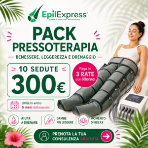 Pack pressoterapia EpilExpress con 10 sedute a 300 euro, pagamento in 3 rate con Klarna e utilizzo entro 6 mesi.