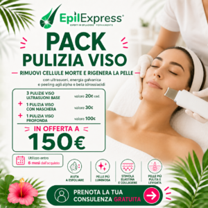 Pack pulizia viso EpilExpress con ultrasuoni, energia galvanica, peeling agli alfa e beta idrossiacidi e 5 trattamenti a 150 euro.