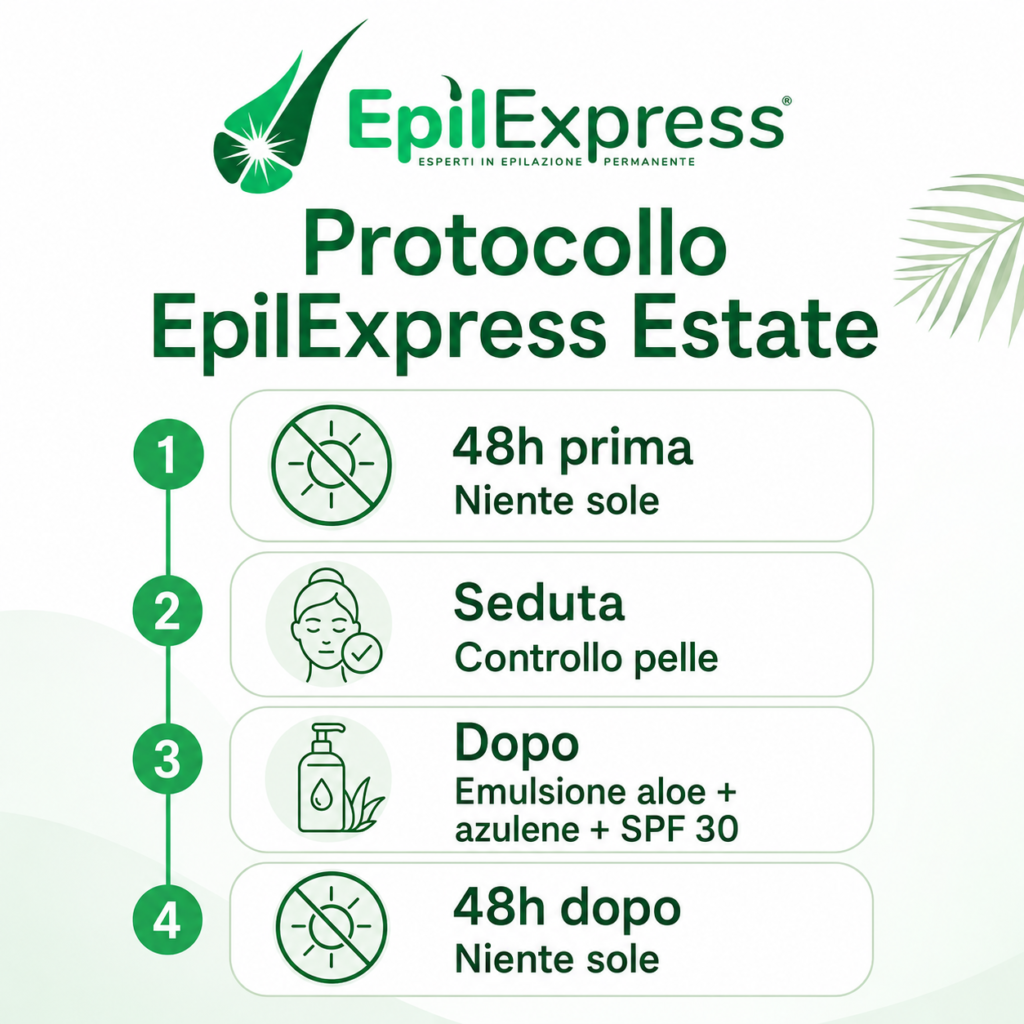 Infografica EpilExpress sul protocollo estate per epilazione laser su pelle abbronzata: niente sole 48 ore prima, controllo pelle in seduta, emulsione aloe azulene SPF 30 e niente sole 48 ore dopo.