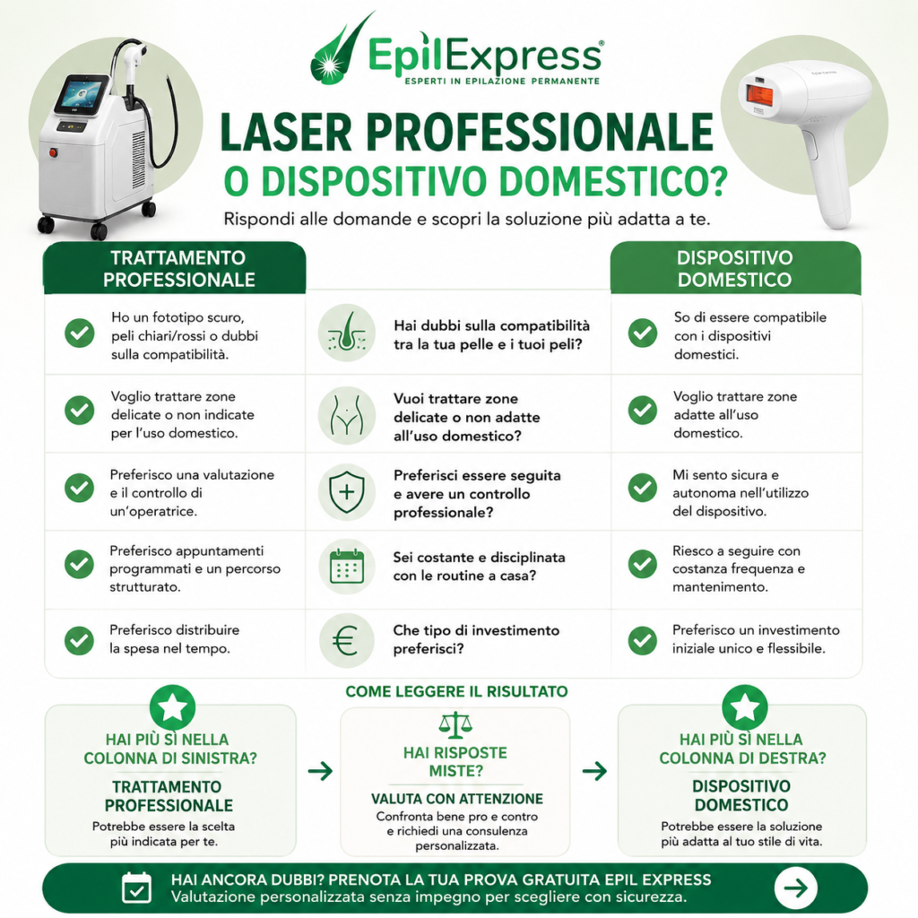 Infografica checklist per scegliere tra epilazione laser professionale e dispositivo IPL domestico.