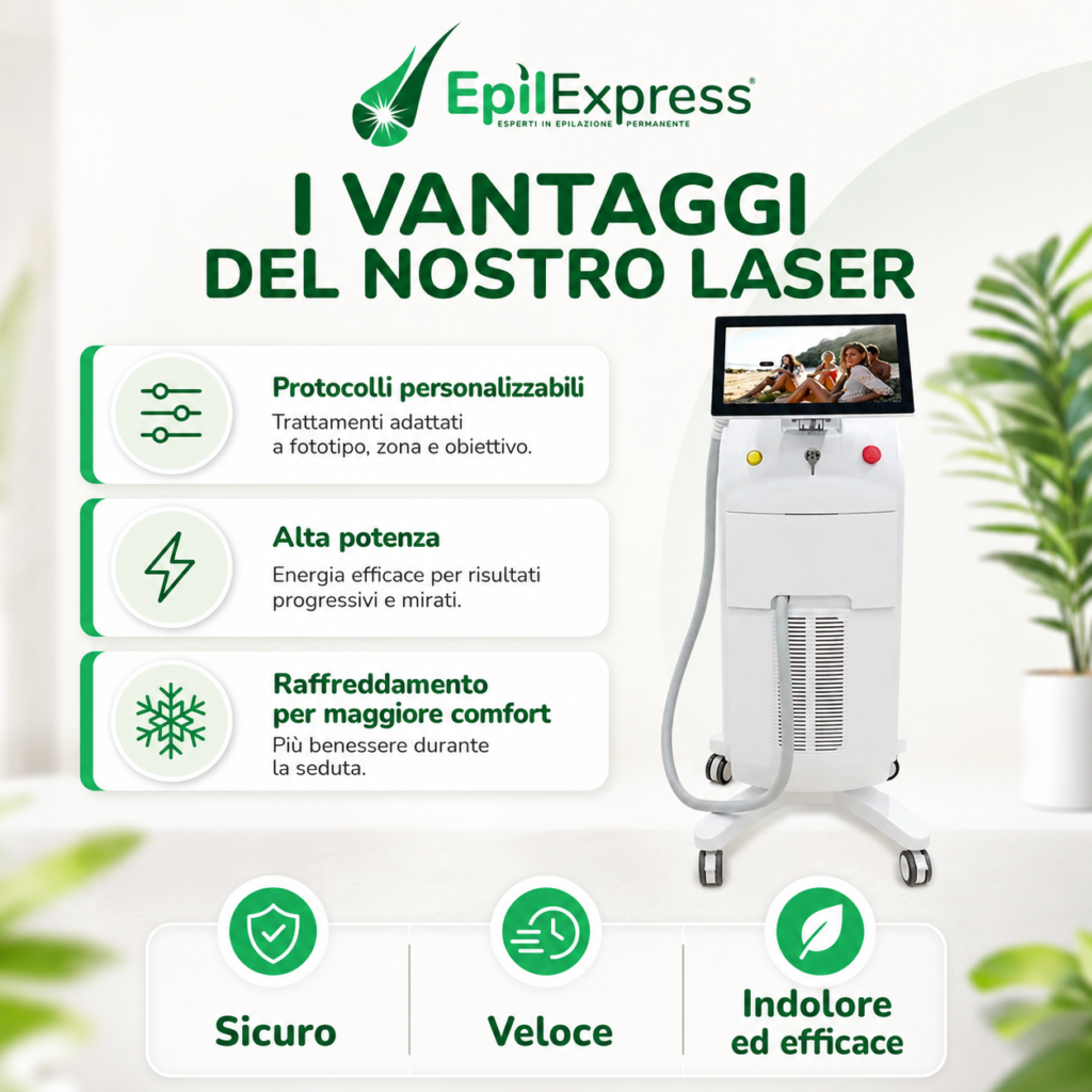 Macchinario professionale per epilazione laser EpilExpress con protocolli personalizzabili, alta potenza e sistema di raffreddamento per un trattamento sicuro, veloce, efficace e confortevole.