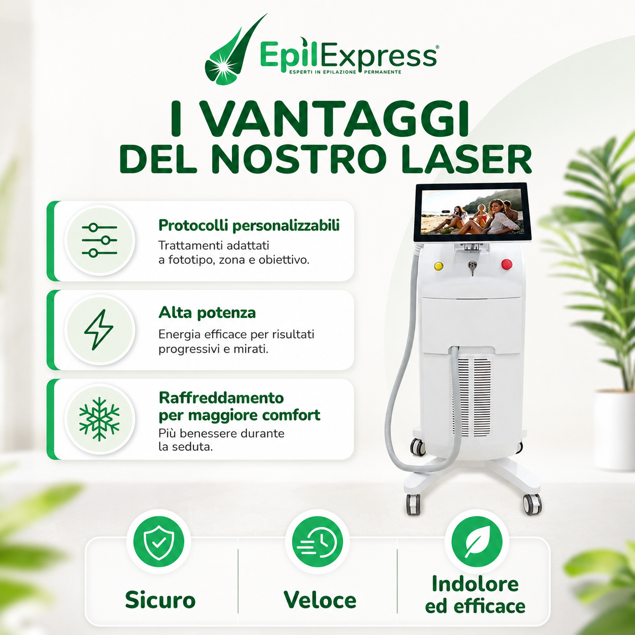 macchinario epilazione laser epilexpress Macchinario professionale per epilazione laser EpilExpress con protocolli personalizzabili, alta potenza e sistema di raffreddamento per un trattamento sicuro, veloce, efficace e confortevole.