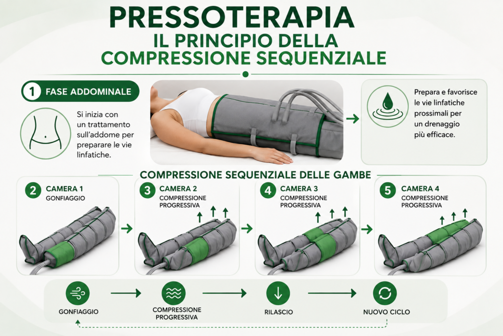 Infografica sulla pressoterapia che mostra il principio della compressione sequenziale delle camere d’aria, dal gonfiaggio al rilascio.