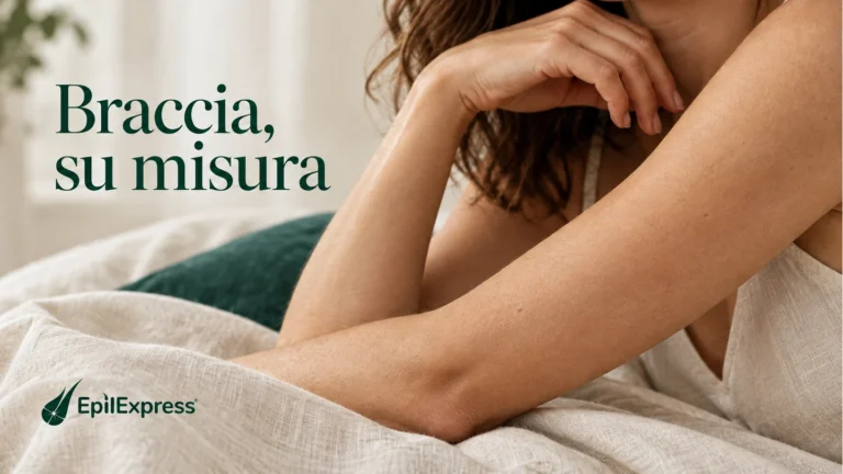 Braccio e avambraccio su tessuto chiaro, copertina EpilExpress sull'epilazione laser braccia intere