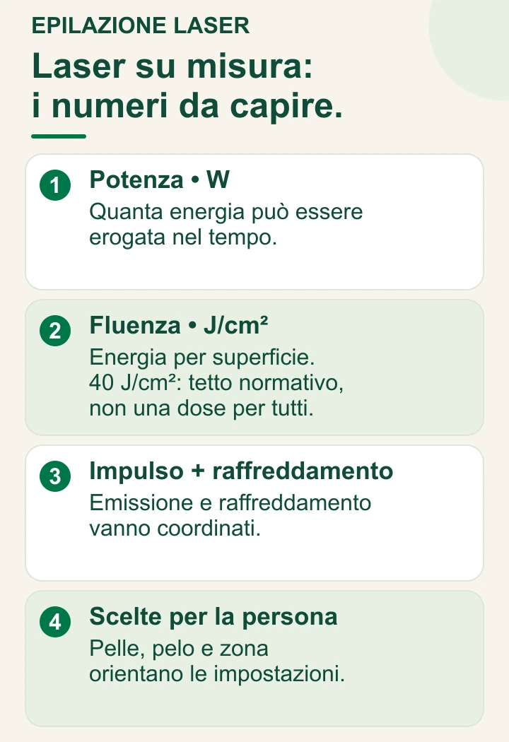 Paramètres laser: puissance en watts, fluence en J/cm2 avec un toit réglementaire de 40 J/cm2, impulsion et refroidissement coordonnés pour la peau, les poils et la zone.